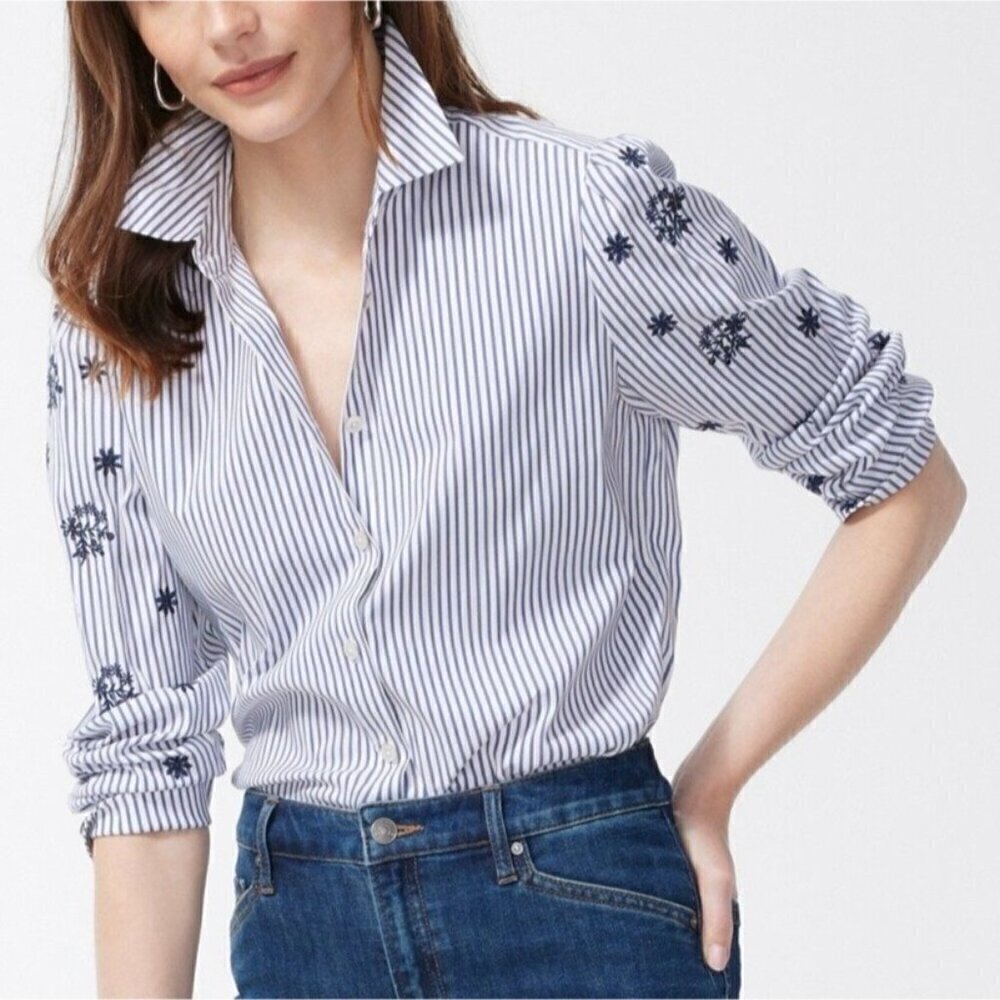 Chico's Blue White Stripe Embroidered Eyelet Embellished Sleeve Poplin Shirt 16